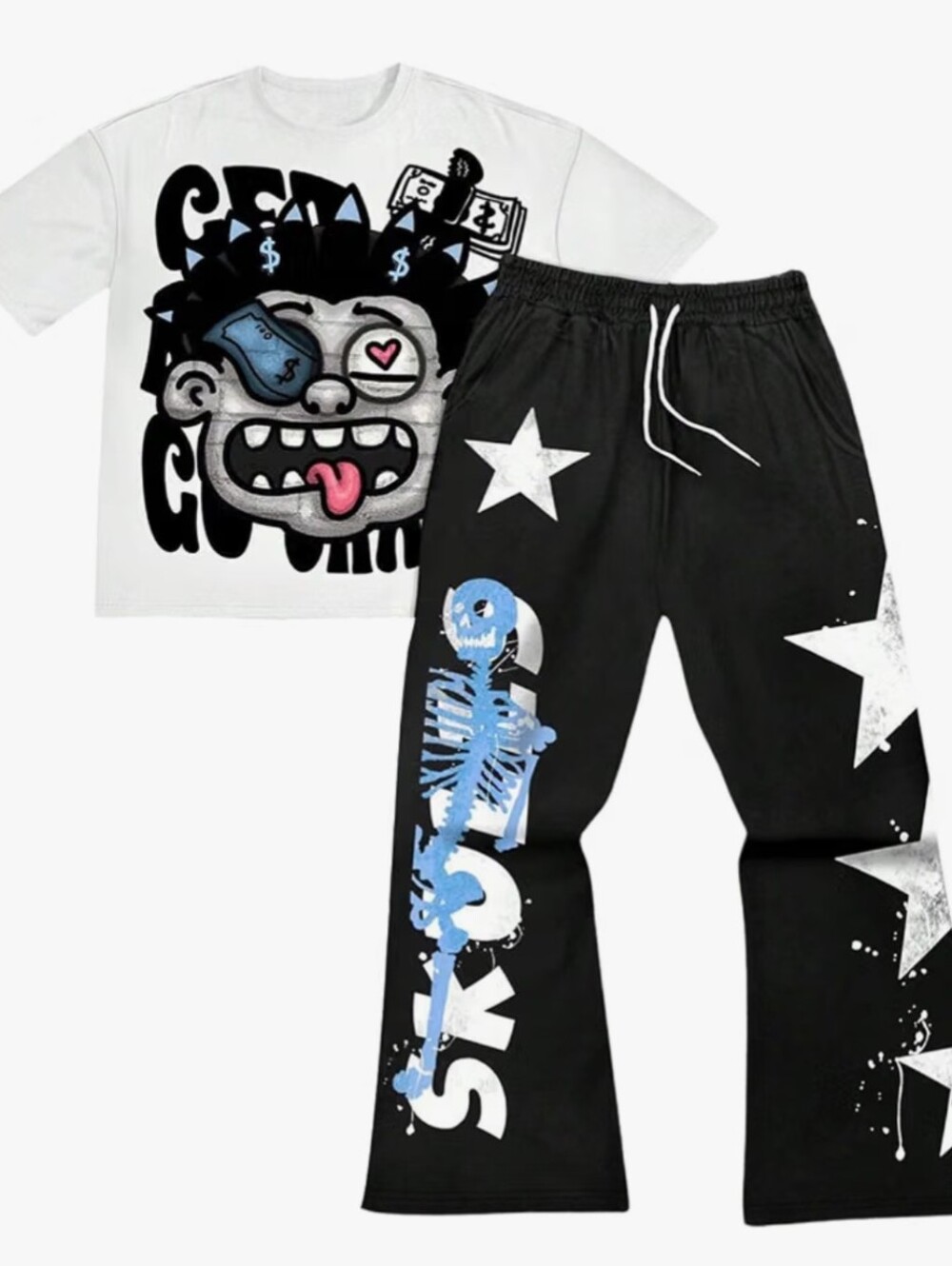 Men's Y2K Outfits 2 Piece Graphic Tee and Pants Rave Sweatsuits Set